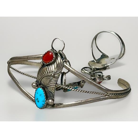VTG Native American Slave Cuff Bracelet Ring Coral Turquoise on Sterling Silver - Picture 7 of 16